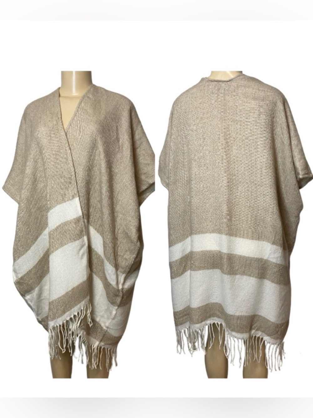 LOFT Outlet By Ann‎ Taylor White/Beige Fringed Wrap/ Pancho 1size